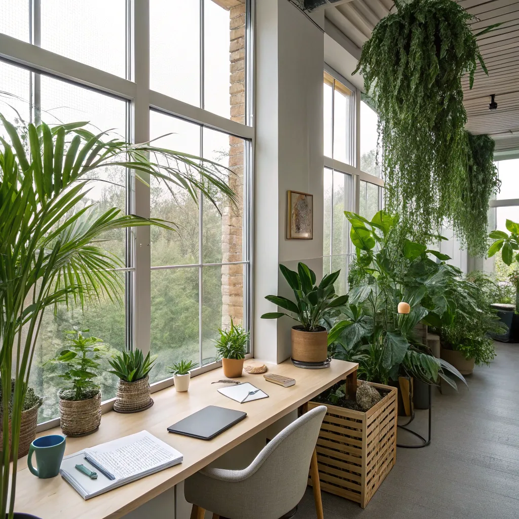 Office with green plants and natural decor