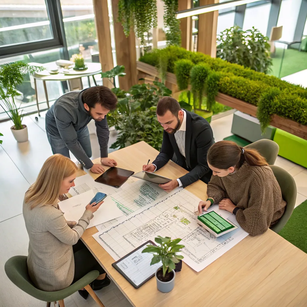 Team collaborating on green office designs